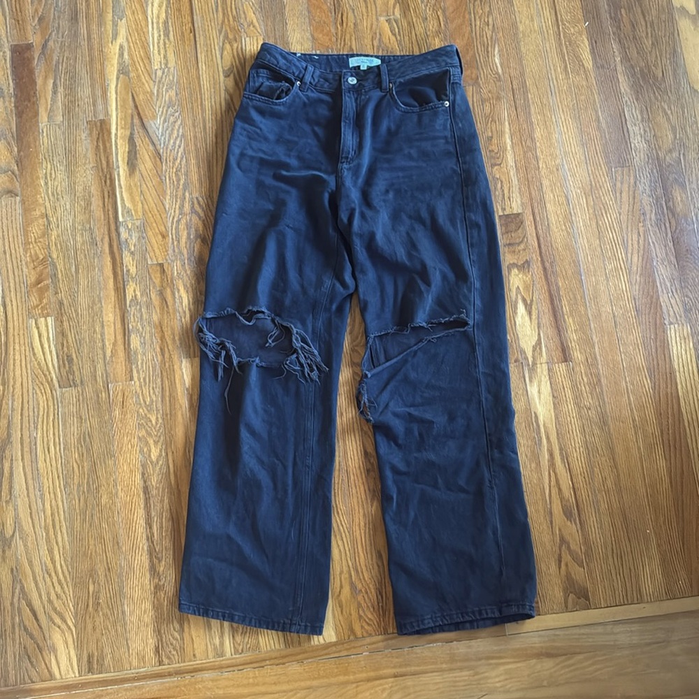 Black High-Rise Distressed Wide-Leg Jeans